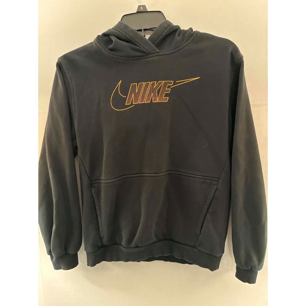 Nike Womens Large Black‎ Pullover Hoodie Gold Swoosh Logo Fleece Lined Athletic